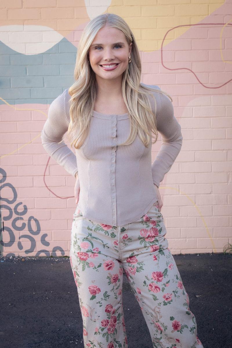 Opal Waffle Knit Snap Button Top, Mocha