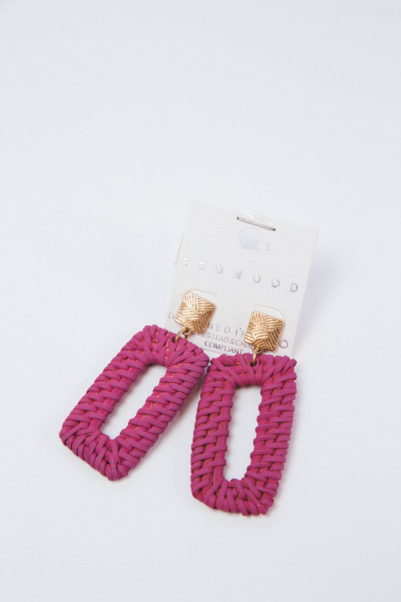 Rattan Rectangle Earrings, Fuchsia