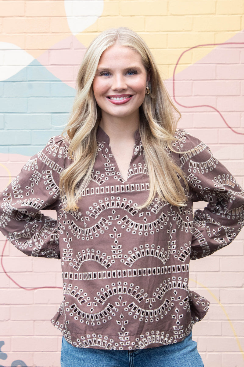Daphne Eyelet Embroidered Blouse, Mocha