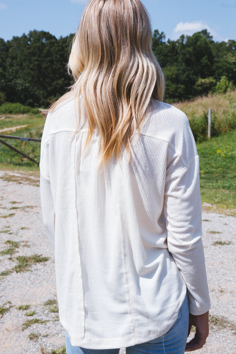 Polina Waffle Knit Henley Top, Cream