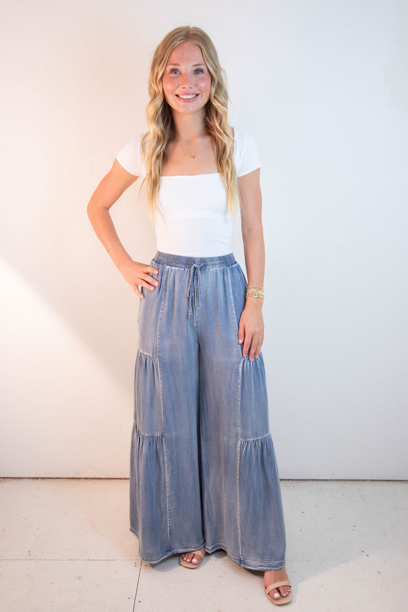 Dorothy Ruffled Side Wide Leg Pants, Washed Denim