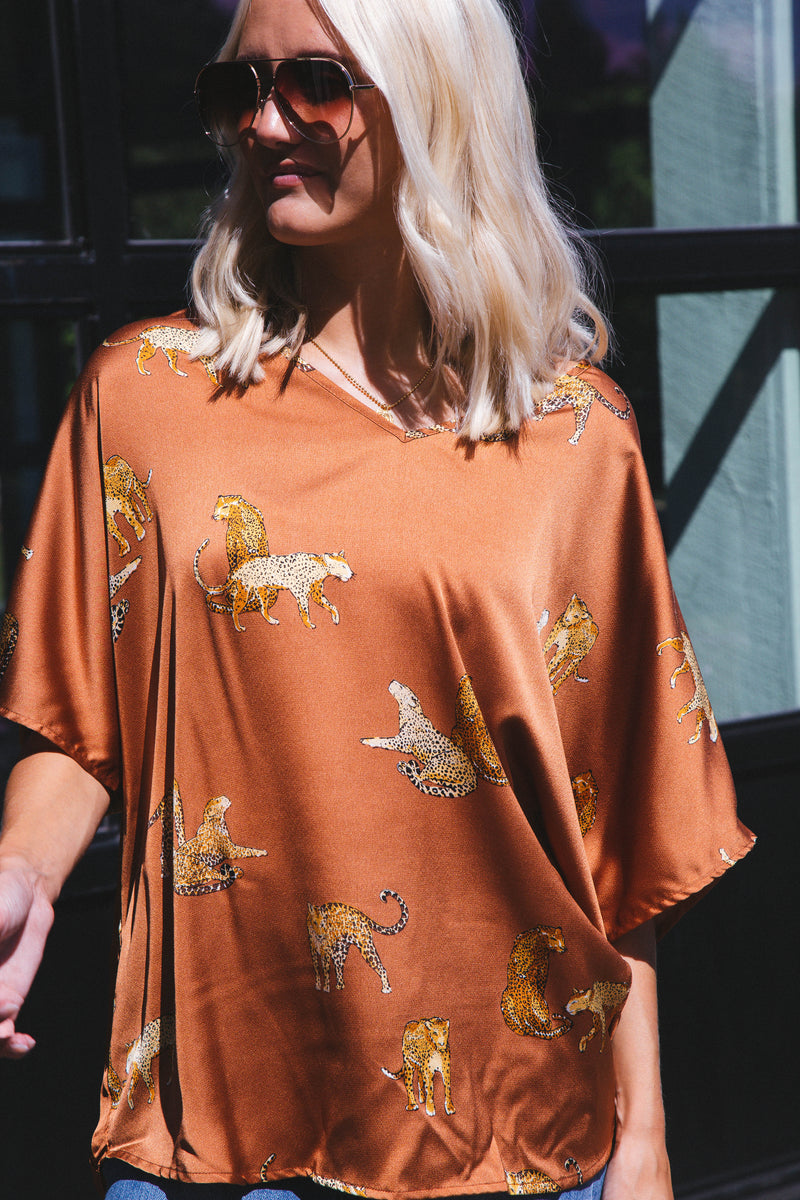Satin Animal Print V Neck, Toffee