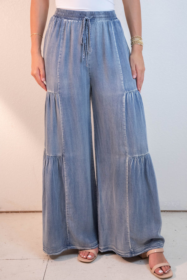 Dorothy Ruffled Side Wide Leg Pants, Washed Denim