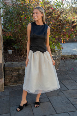 Joyce Low Waist Midi Dress, Black/Ivory North & Main Clothing Company Joyce Low Waist Midi Dress, Black/Ivory North & Main Clothing Company