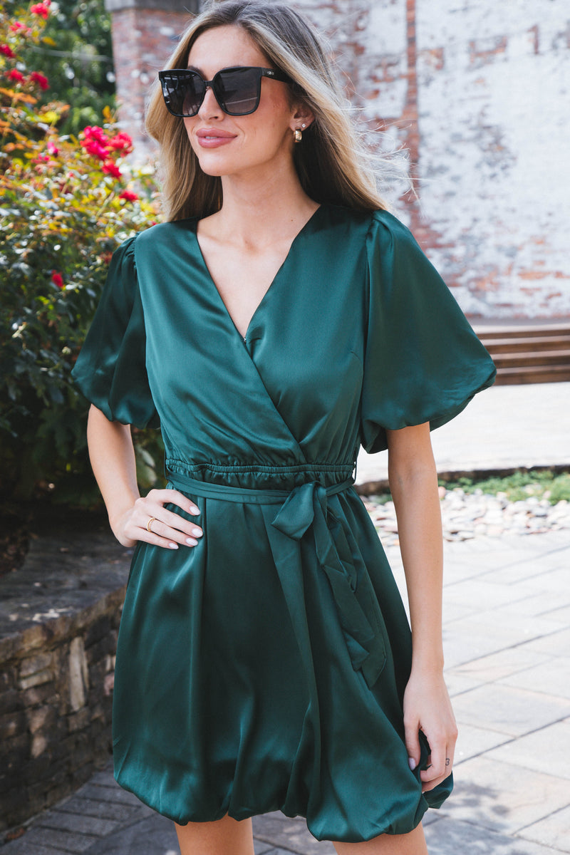 Don’t Hesitate Satin Bubble Dress, Dark Green