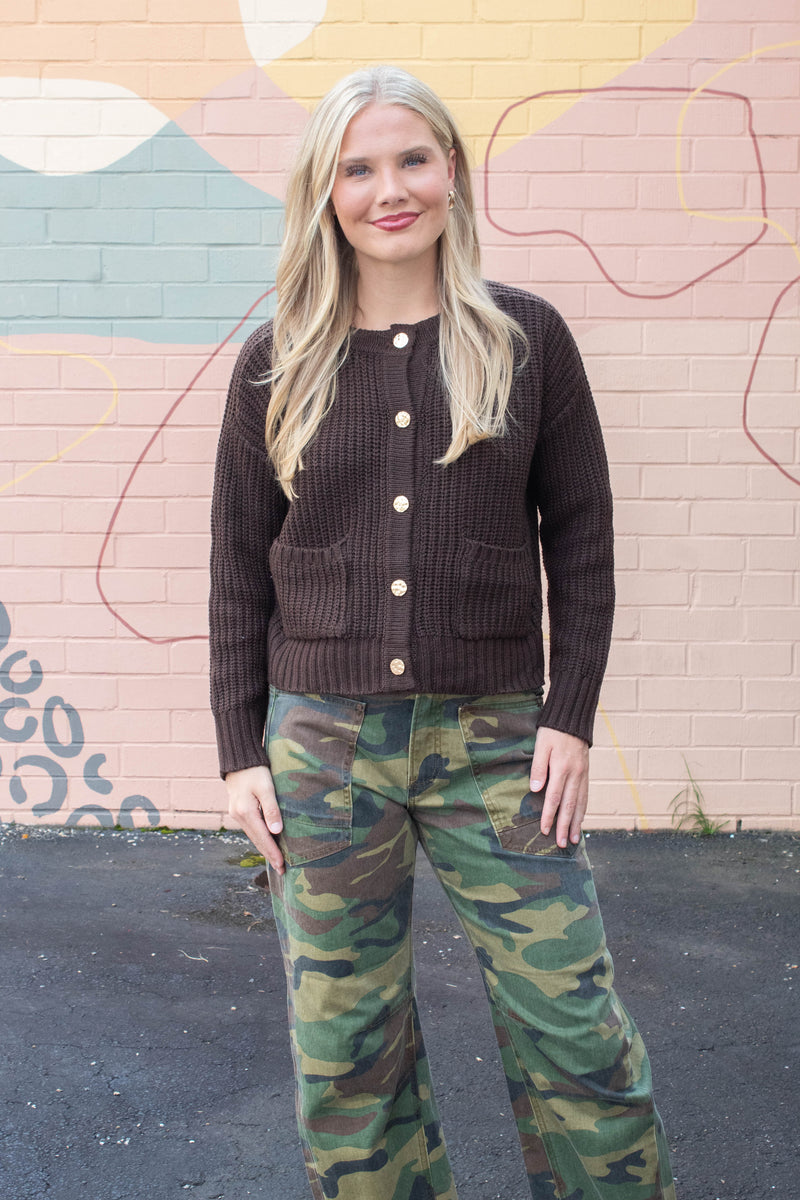 Catalina Metal Button Front Cardigan, Brown