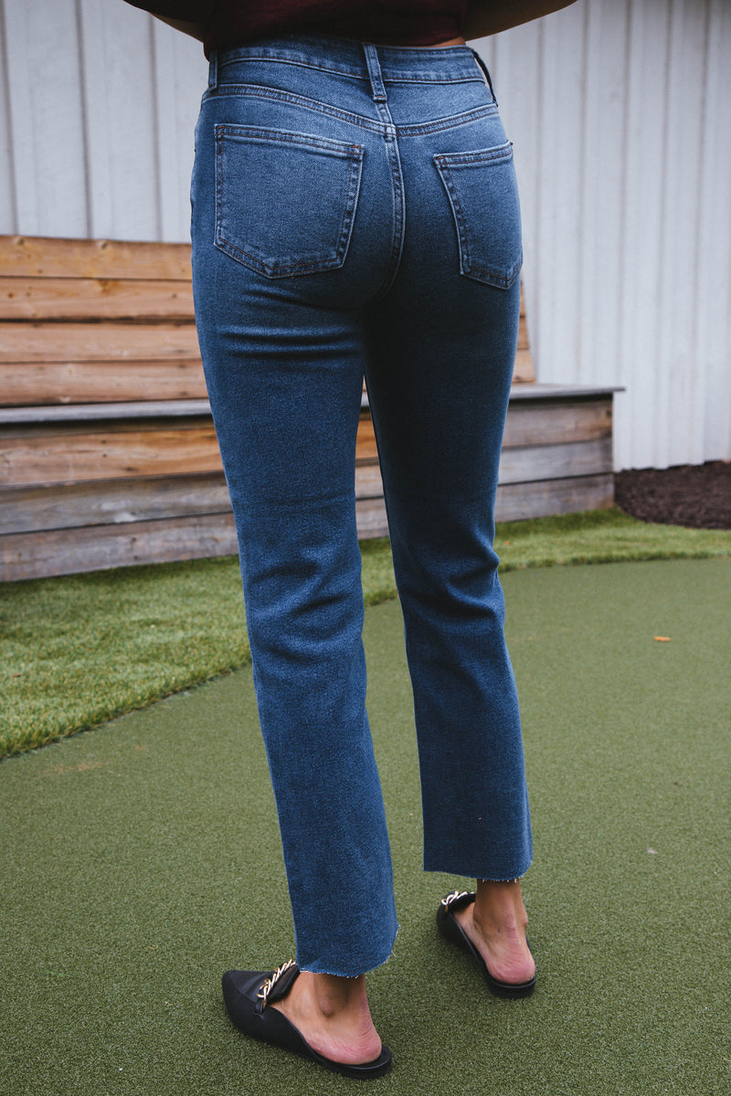 Samara Hem Detail Straight Leg Jeans, Dark Denim