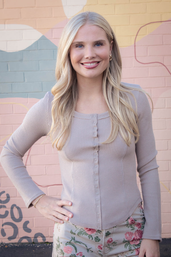 Opal Waffle Knit Snap Button Top, Mocha