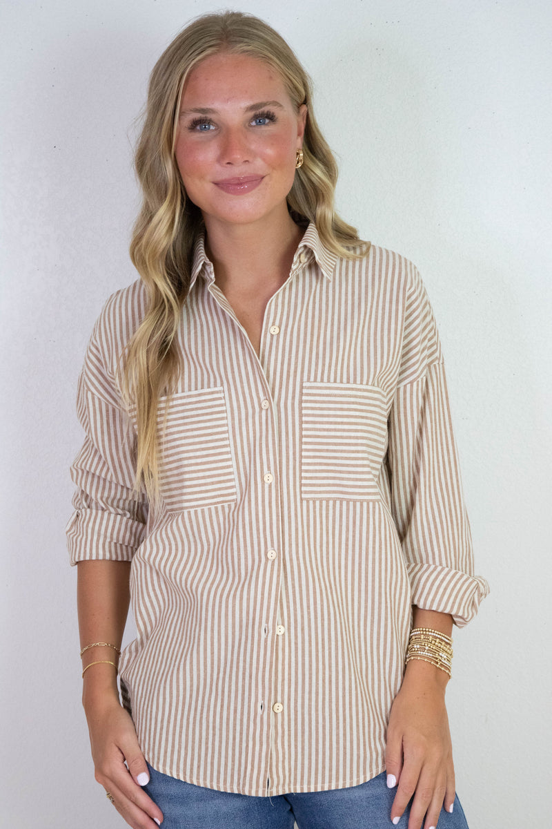 Rachel Striped Button Down Shirt, Taupe