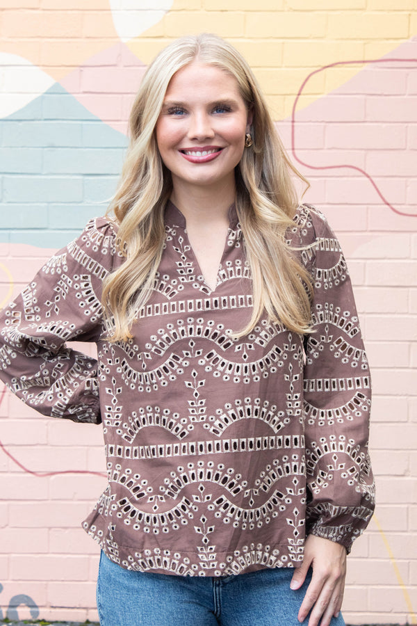 Daphne Eyelet Embroidered Blouse, Mocha