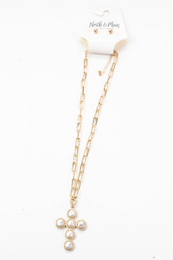 Indie Pearl Flat Beaded Cross Necklace, Gold