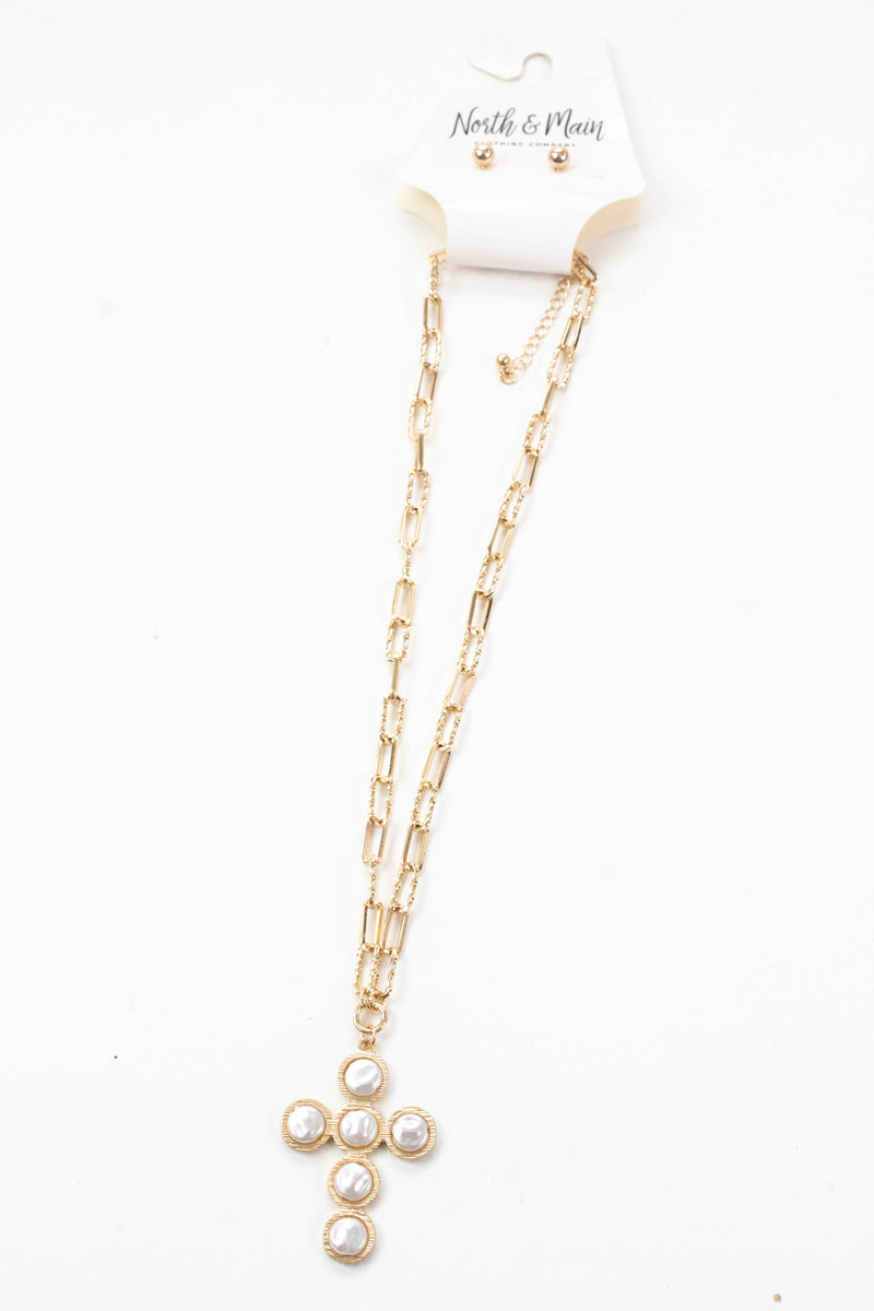 Indie Pearl Flat Beaded Cross Necklace, Gold