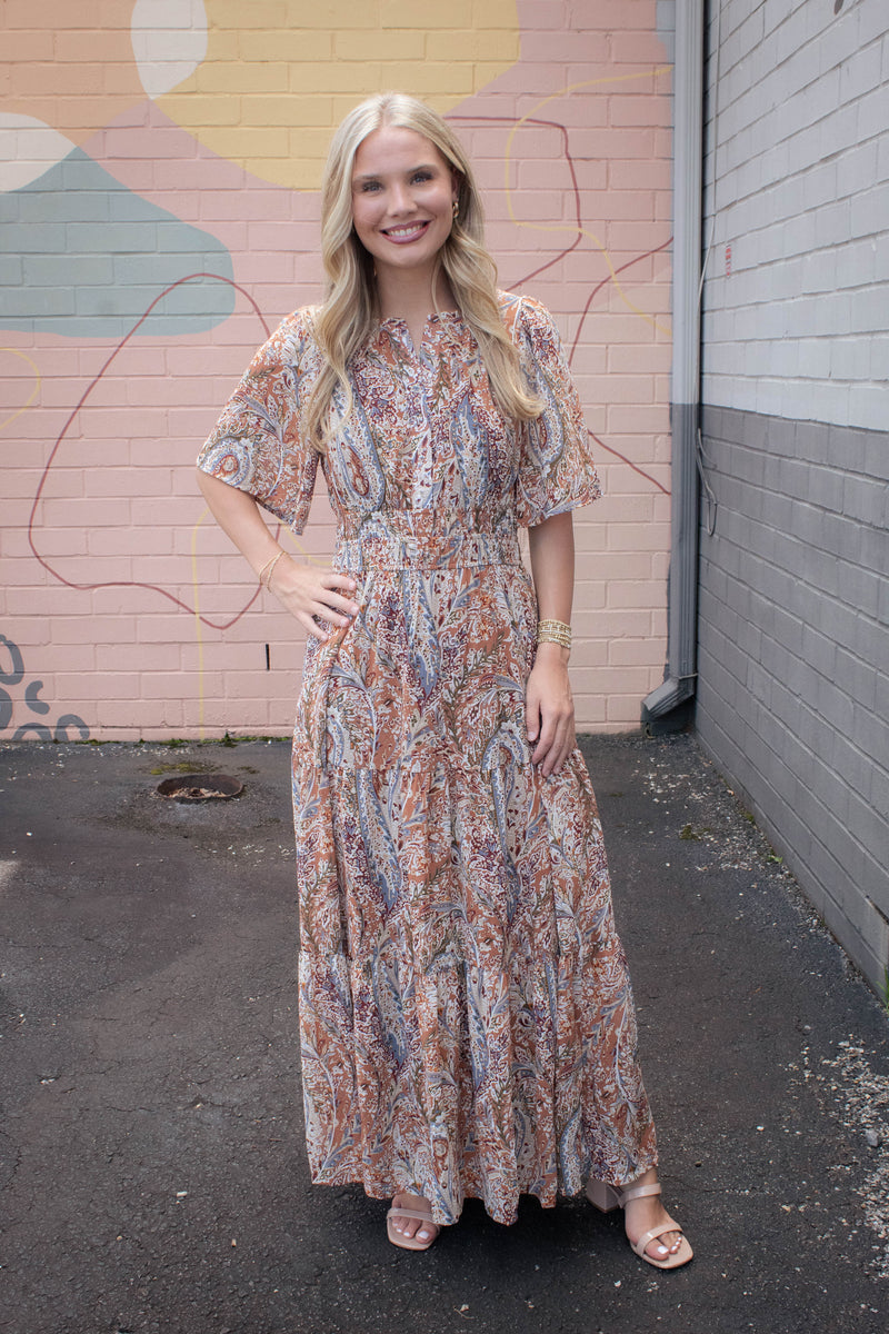 Valerie Half Flutter Sleeve Maxi Dress, Cinnamon