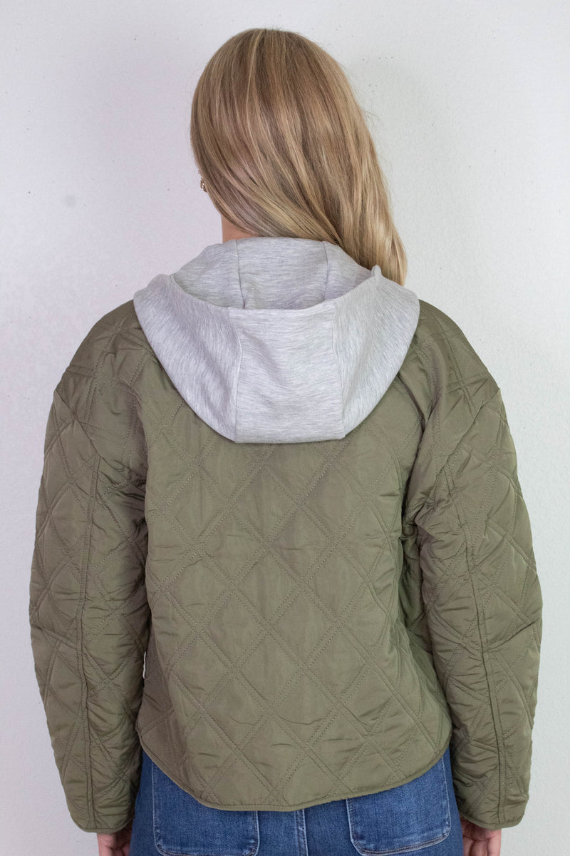 Iris Quilted Contrast Hood Jacket, Olive