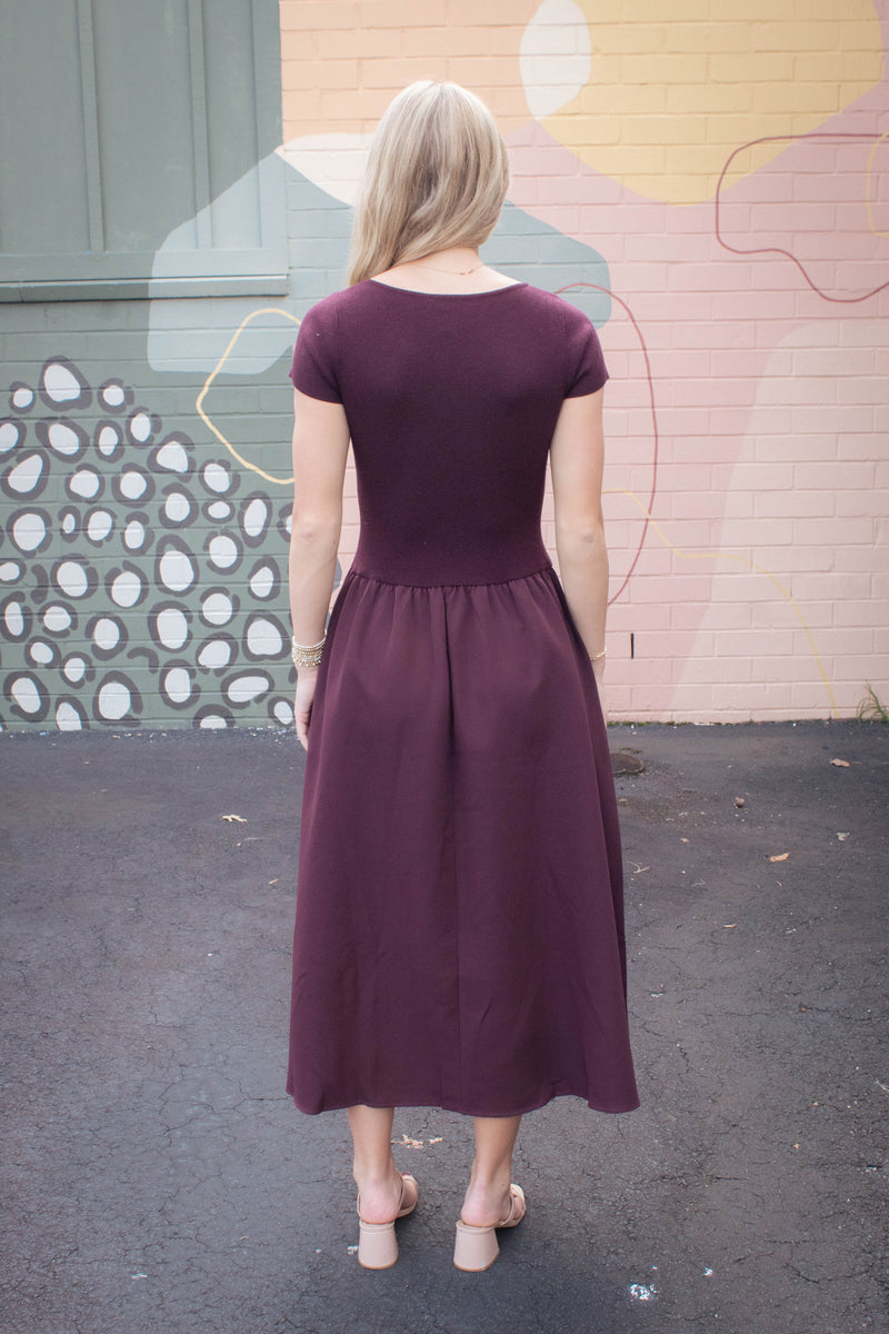 Lillian Woven Knit Mix Dress, Maroon