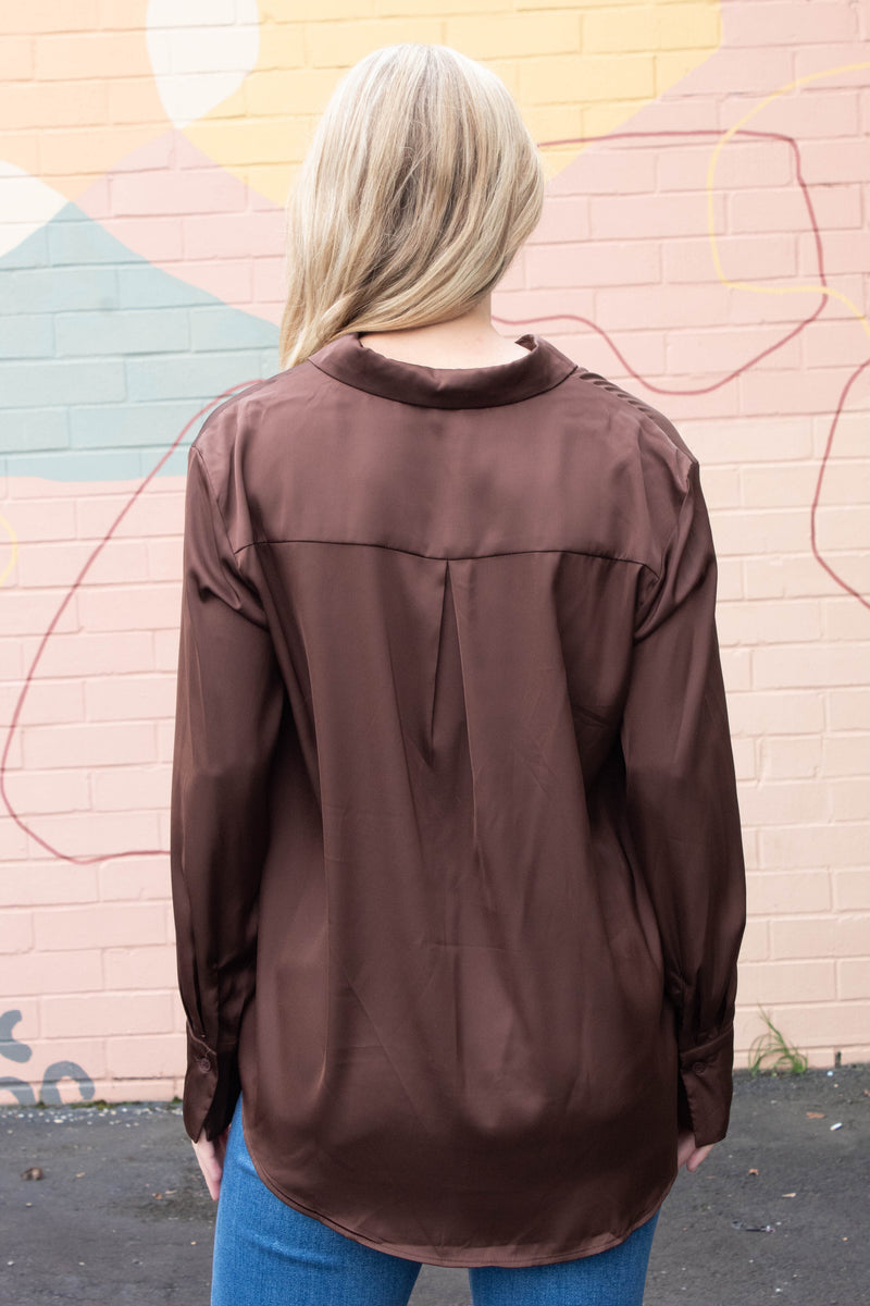 Valentina Silky Button Down Top, Dark Oak