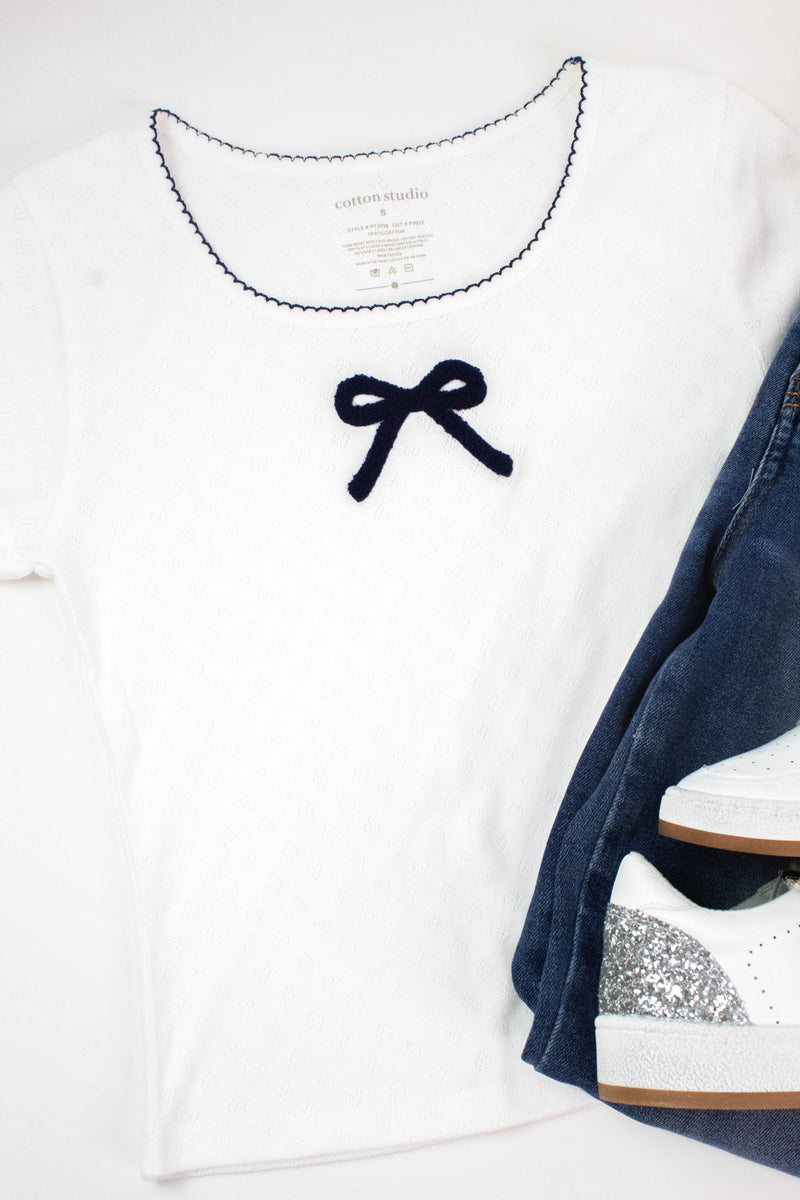 Blue Bow Embroidered Pointelle Top, Off White