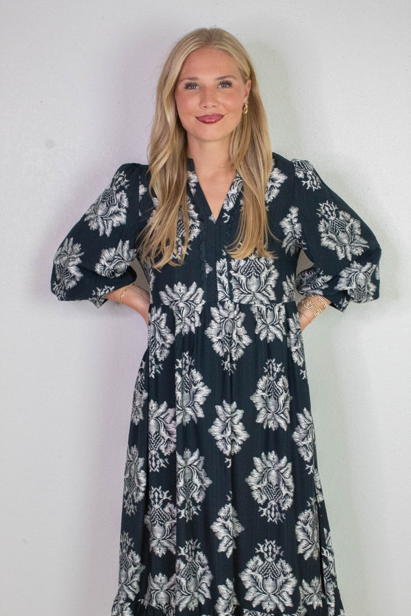 Cecilia Boho Floral Midi Dress, Navy