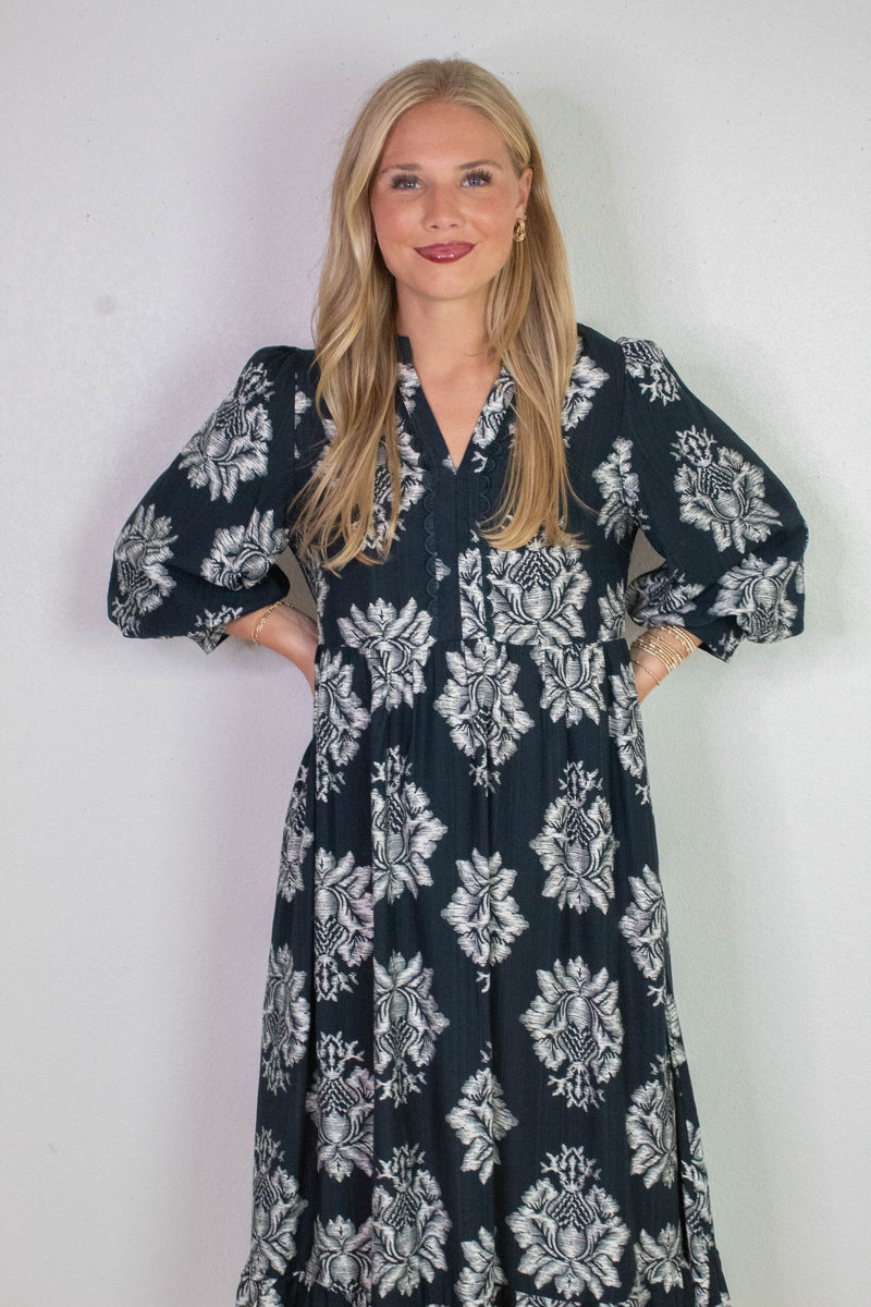 Cecilia Boho Floral Midi Dress, Navy