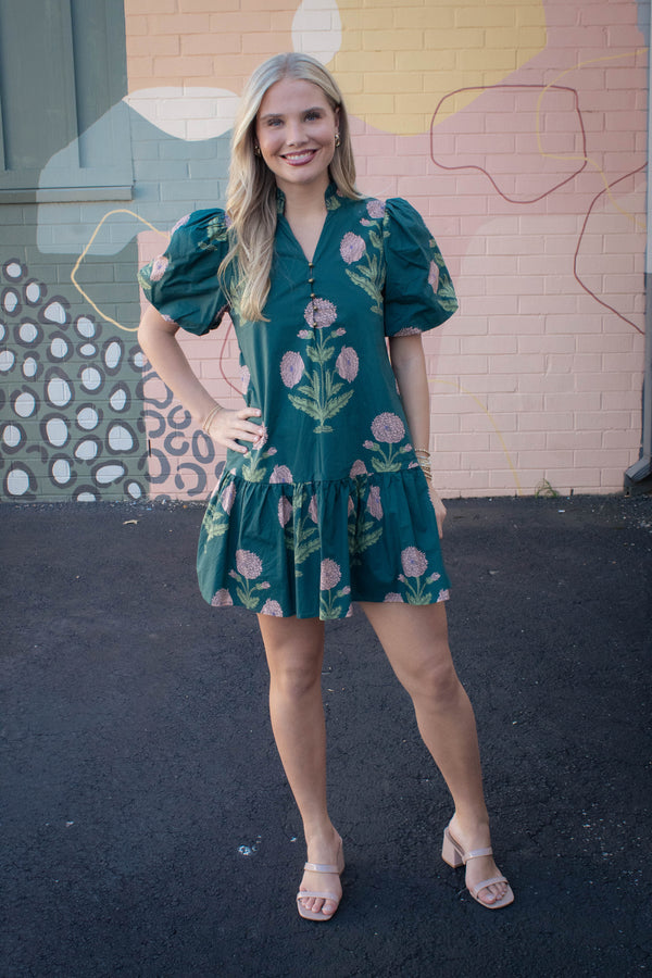 Avery Floral Bubble Sleeve Dress, Hunter Green
