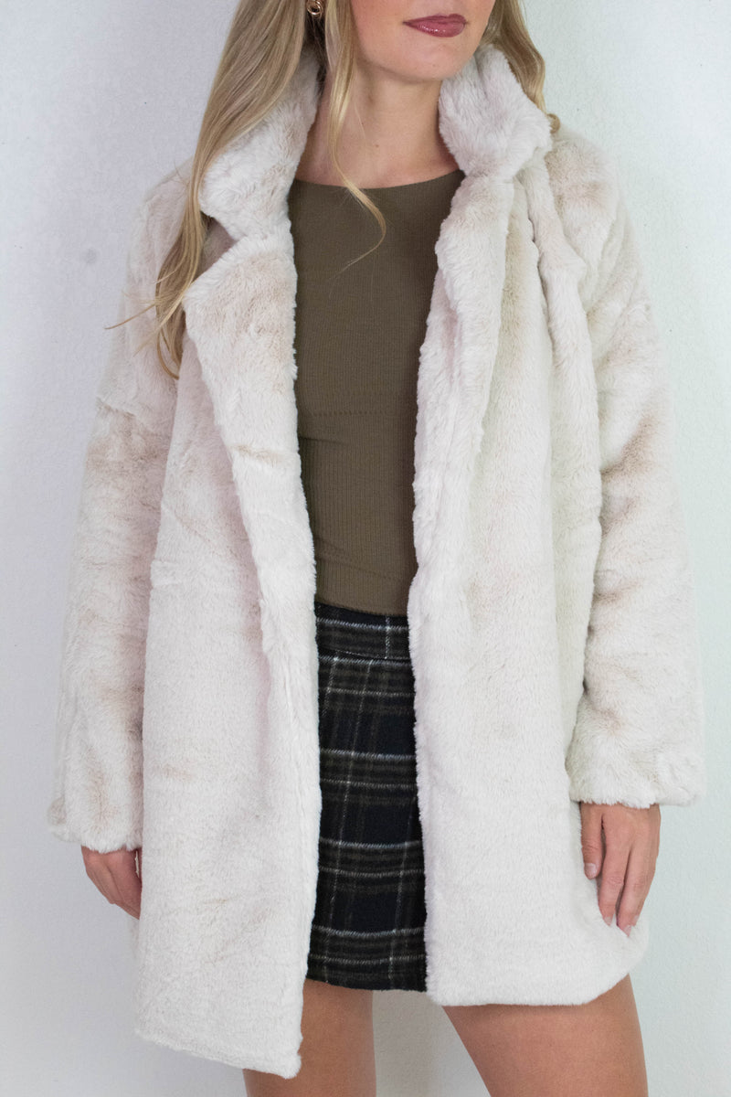 Ayla Faux Fur Collared Long Coat, Tan