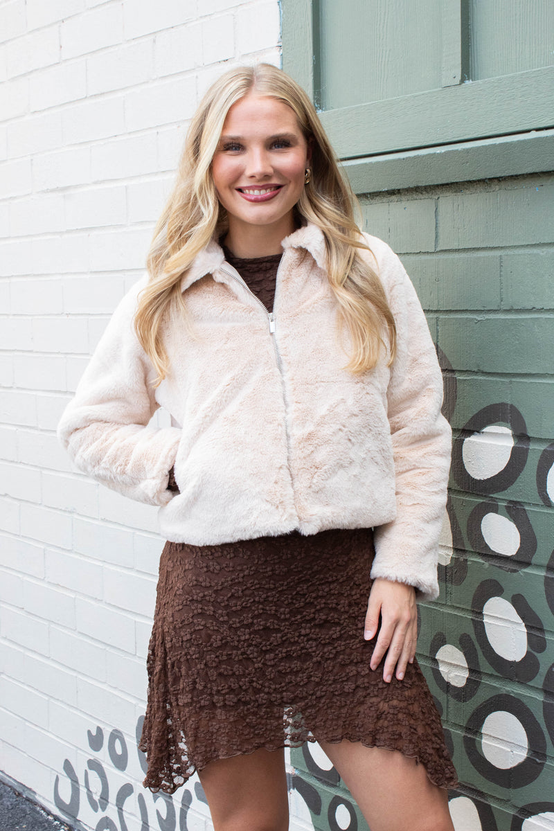 Libby Faux Fur Zip Up Jacket, Cream | Sadie & Sage