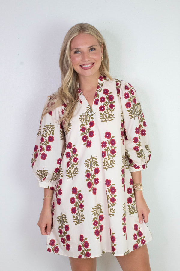 Esme Floral V-Neck Mini Dress, Red Ecru