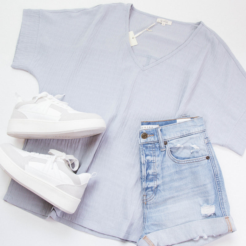 Oden V-Neck Textured Top, Steel Blue