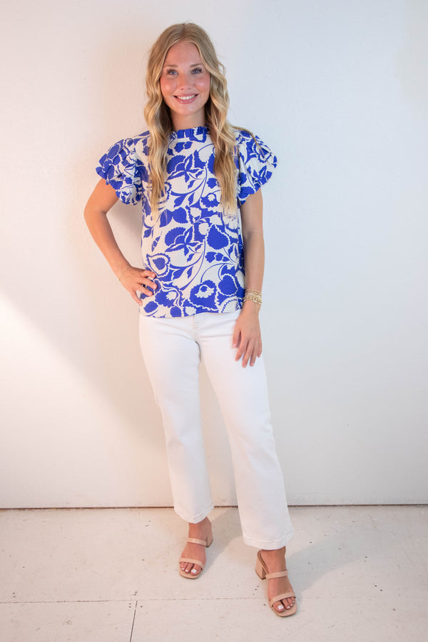 Aylin Ruffle Neck Printed Top, Royal
