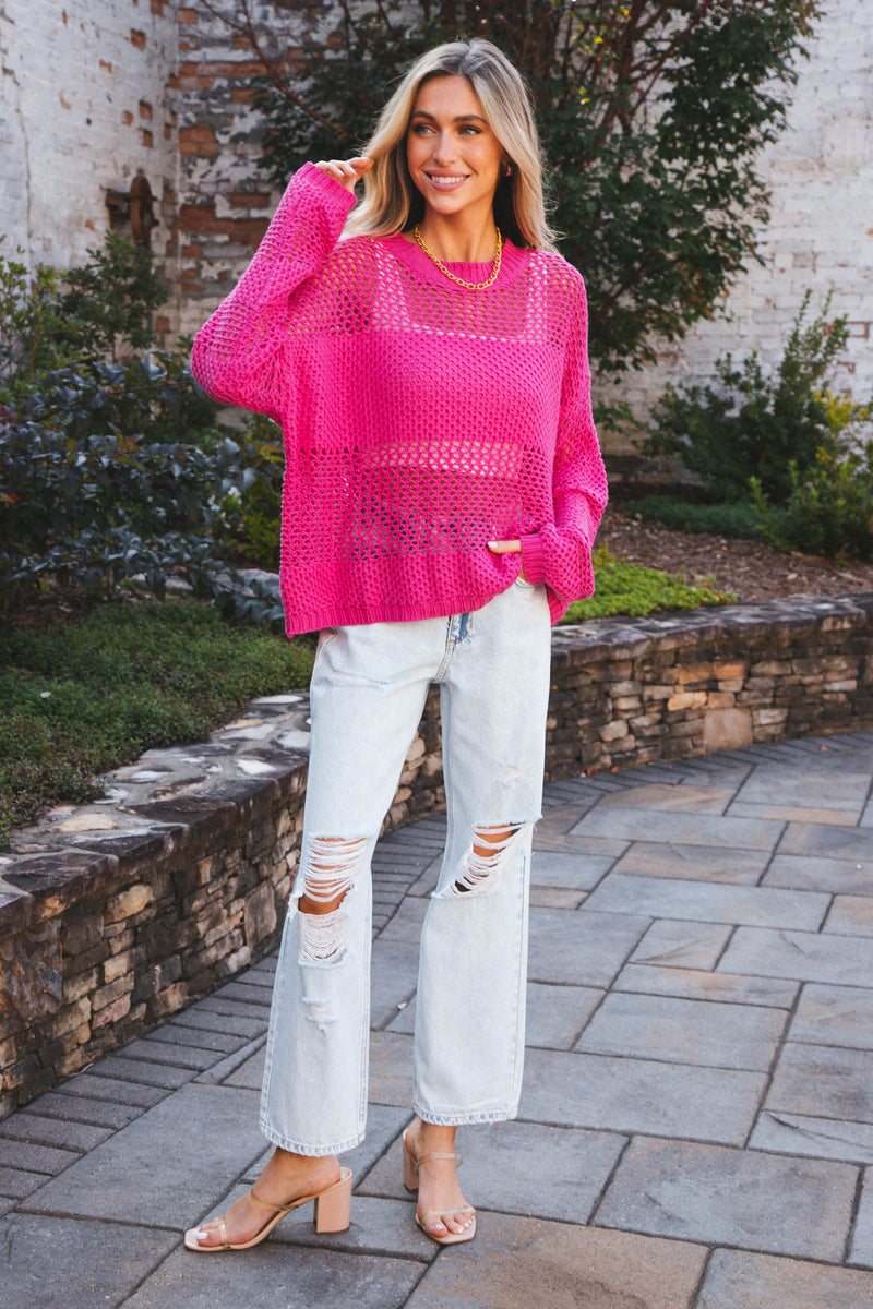 Andrea Fishnet Sweater, Hot Pink