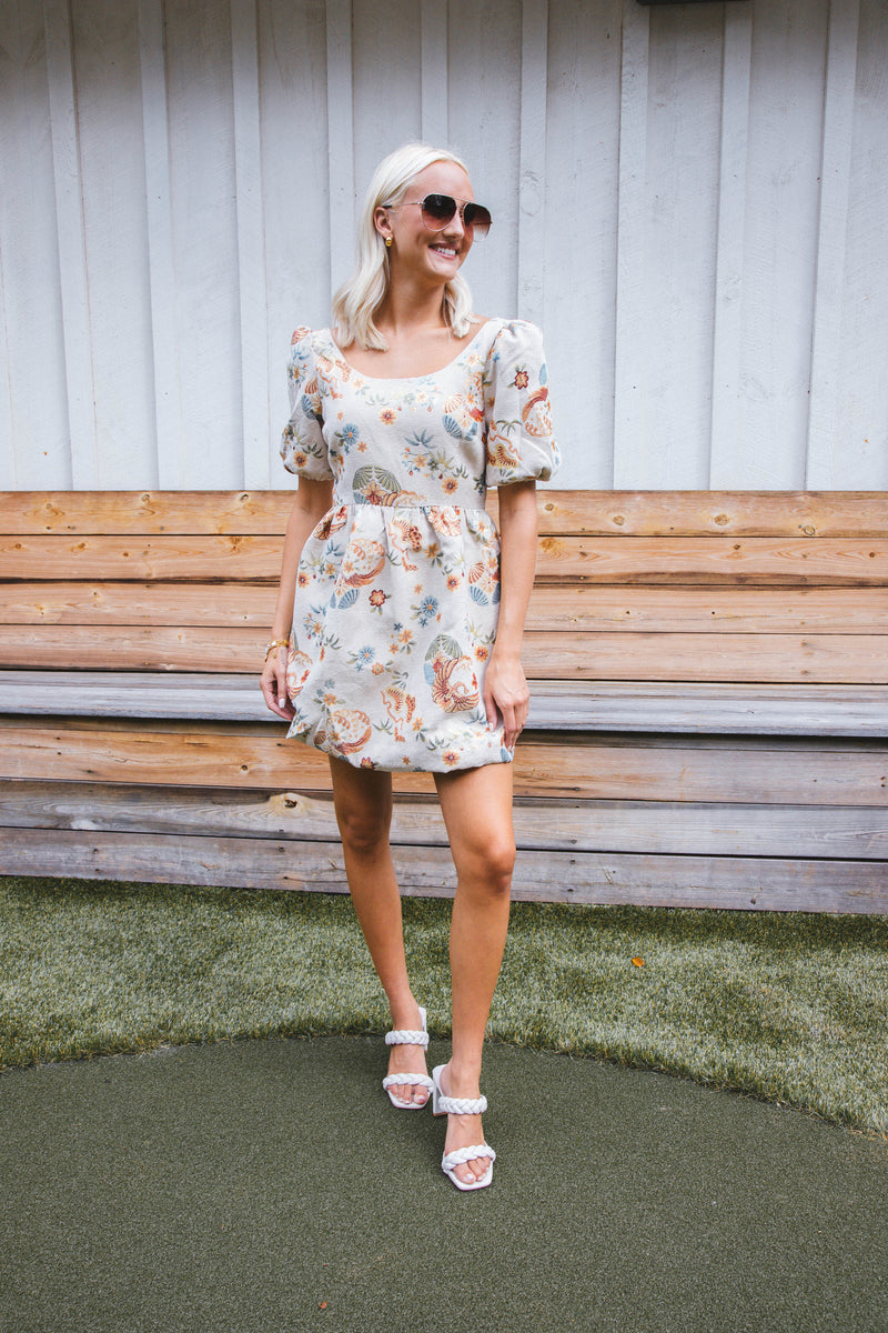 Elenora Floral Mini Dress, Beige Multi