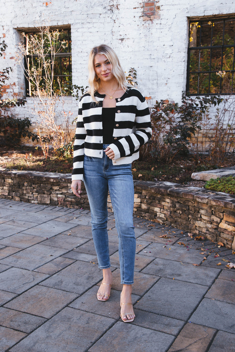 Calliope Stripe Button Down Sweater Crop Jacket, Black