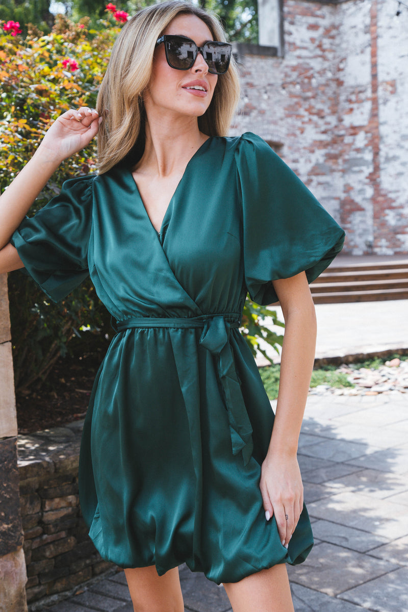 Don’t Hesitate Satin Bubble Dress, Dark Green