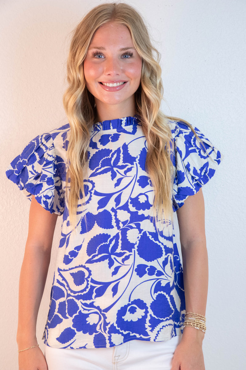 Aylin Ruffle Neck Printed Top, Royal