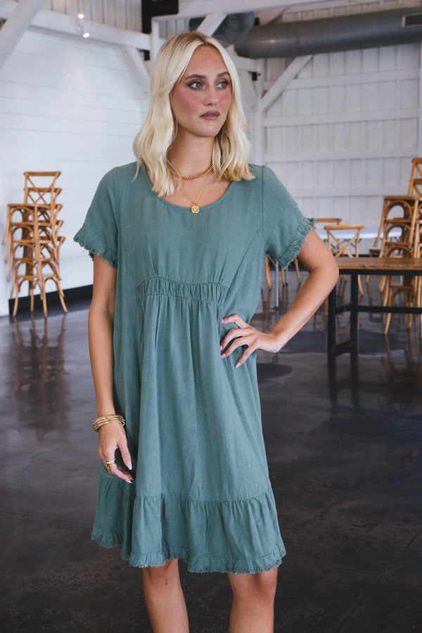 Adrift Linen Frayed Hem Dress, Lagoon