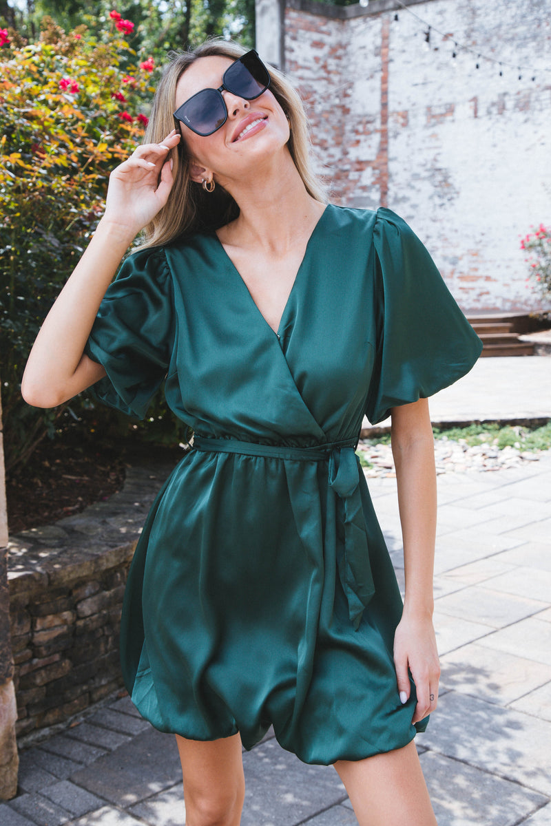 Don’t Hesitate Satin Bubble Dress, Dark Green