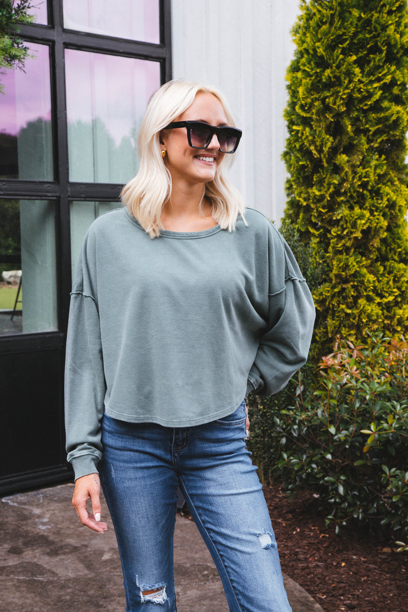 Roper Cropped Sweatshirt, Gray Green