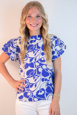 Aylin Ruffle Neck Printed Top, Royal