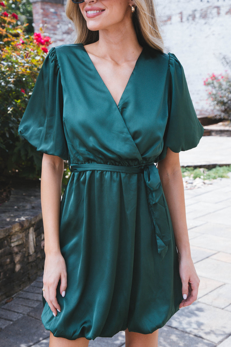 Don’t Hesitate Satin Bubble Dress, Dark Green