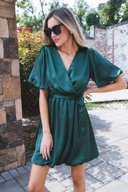 Don’t Hesitate Satin Bubble Dress, Dark Green