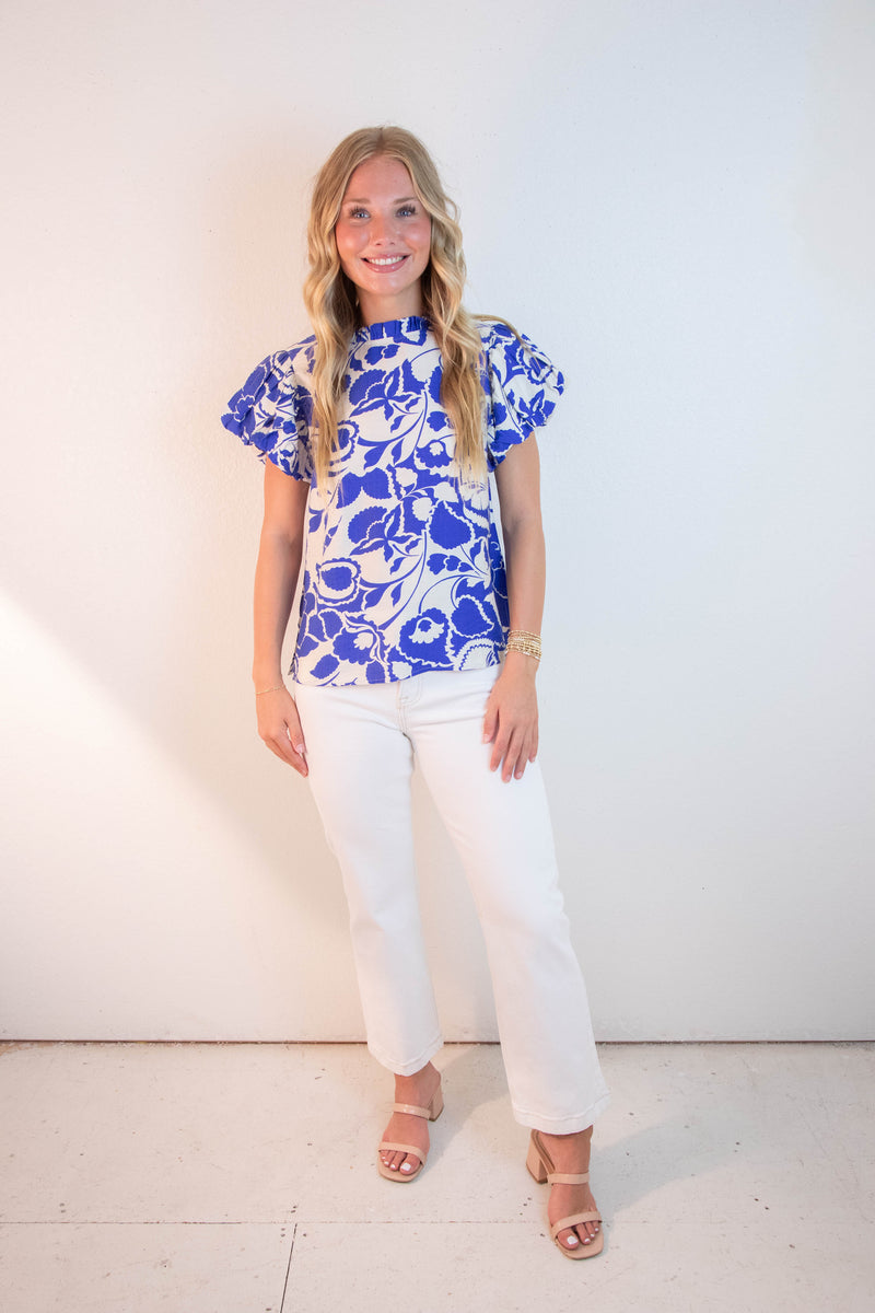 Aylin Ruffle Neck Printed Top, Royal