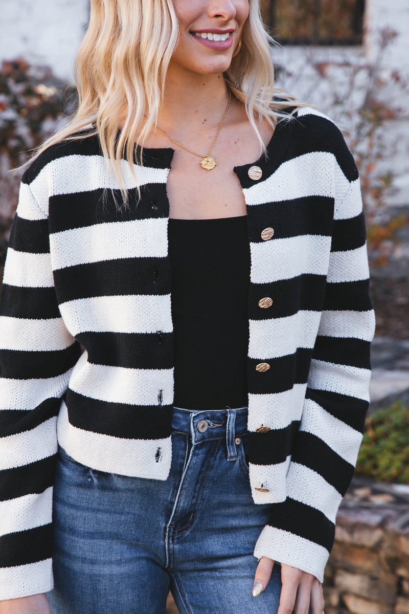 Calliope Stripe Button Down Sweater Crop Jacket, Black