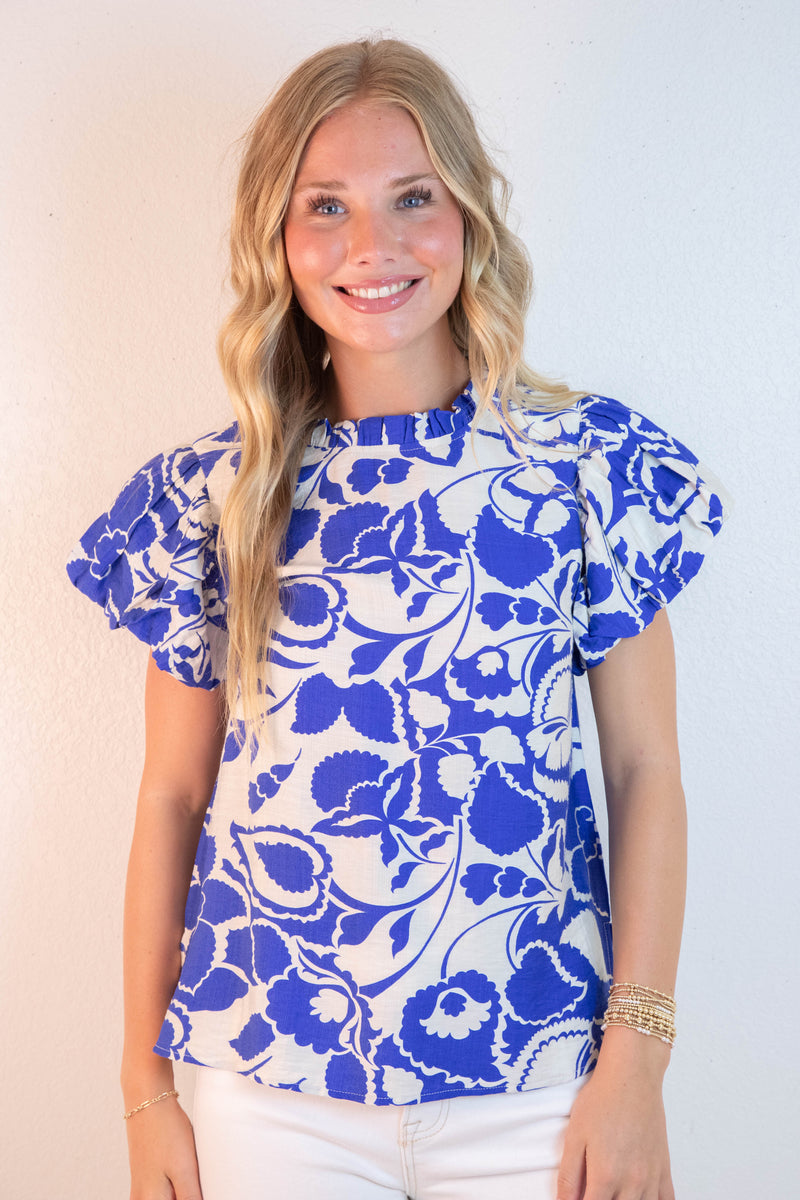 Aylin Ruffle Neck Printed Top, Royal
