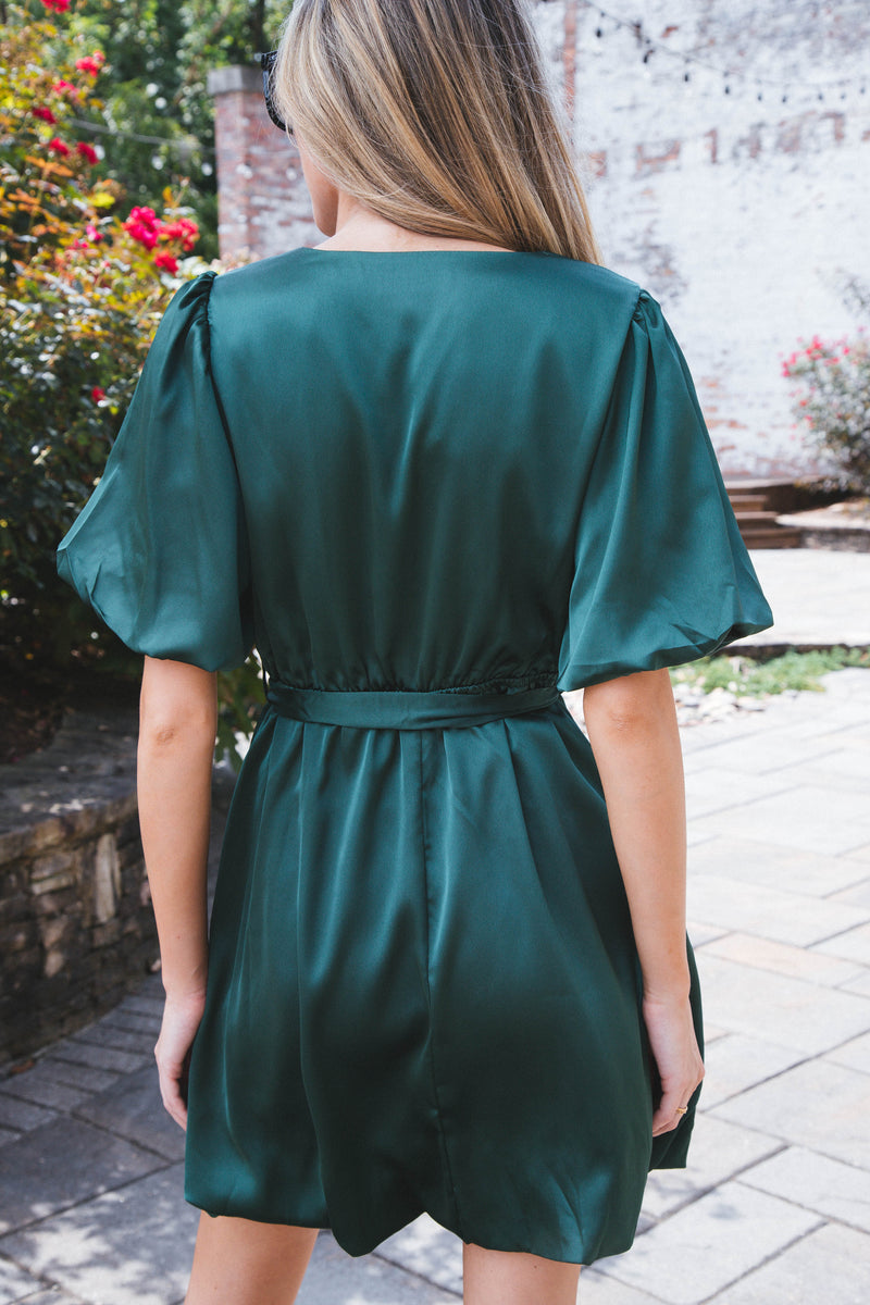 Don’t Hesitate Satin Bubble Dress, Dark Green