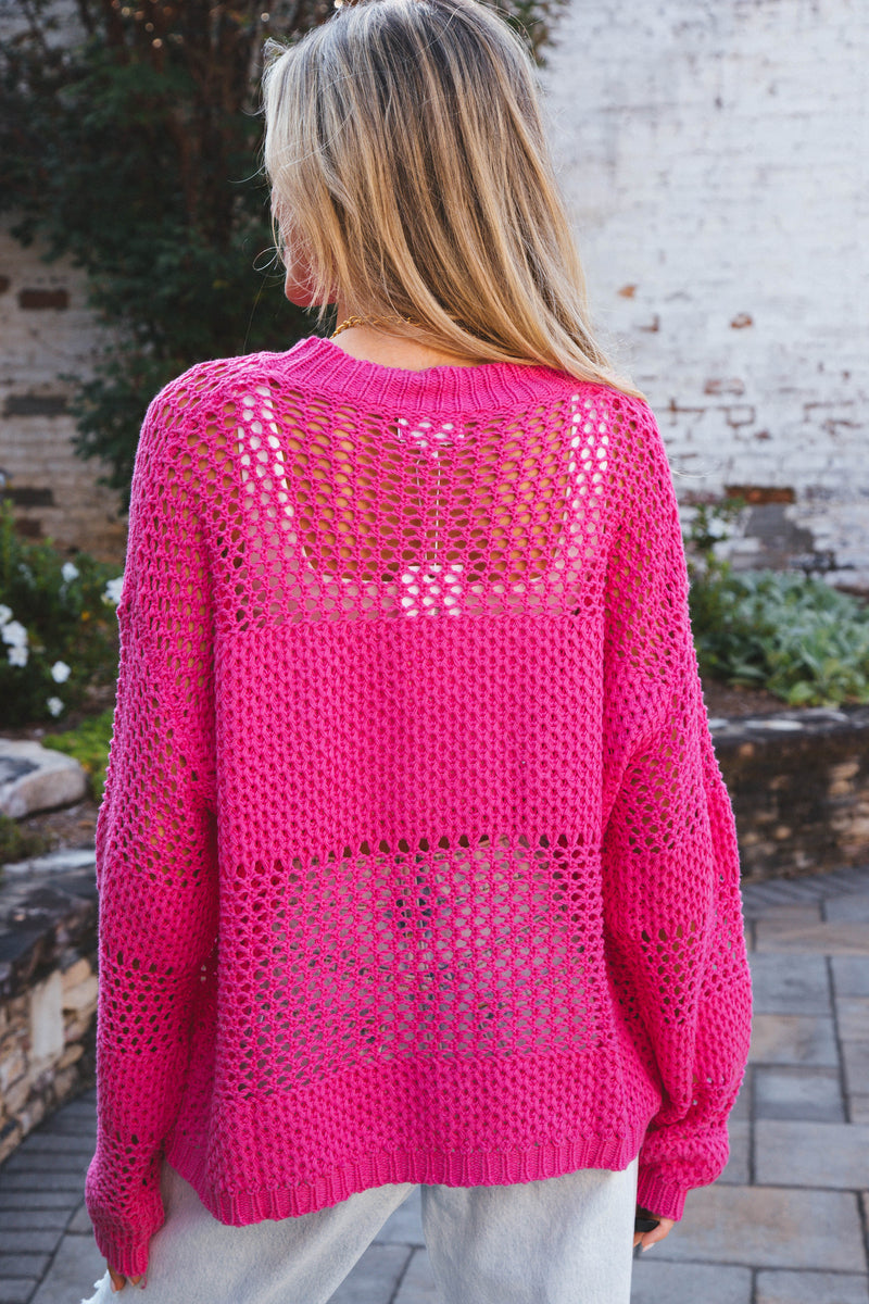 Andrea Fishnet Sweater, Hot Pink