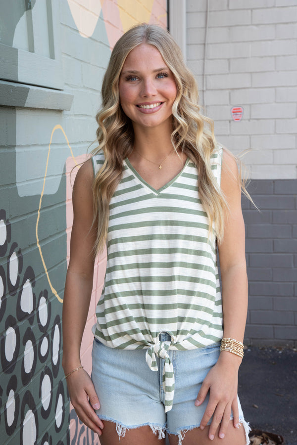 Charlie V-Neck Tie Tank, Sage/Muslin Stripe | Sanctuary