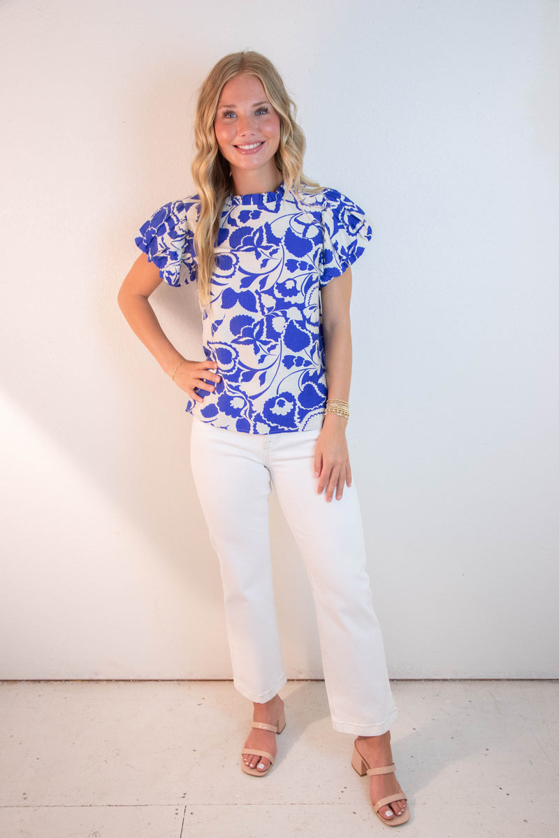 Aylin Ruffle Neck Printed Top, Royal