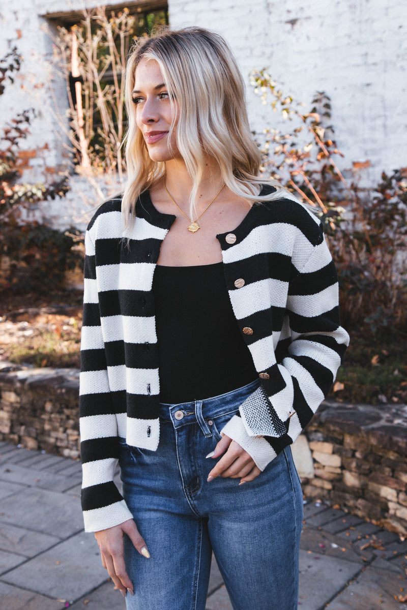 Calliope Stripe Button Down Sweater Crop Jacket, Black