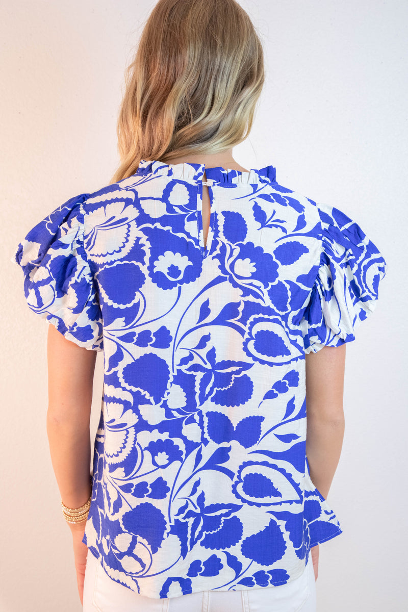 Aylin Ruffle Neck Printed Top, Royal