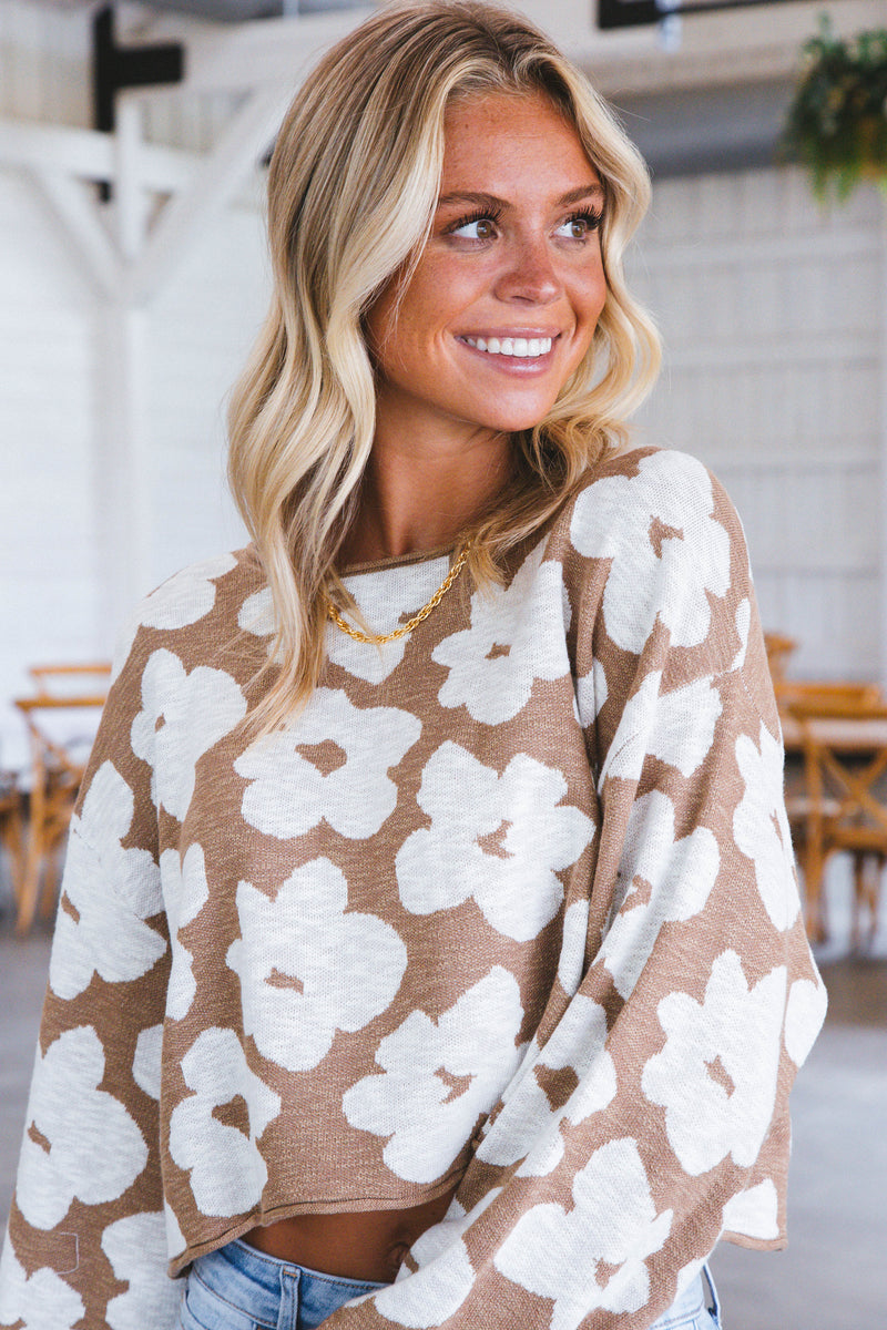 Floral Knit Cropped Sweater, Taupe